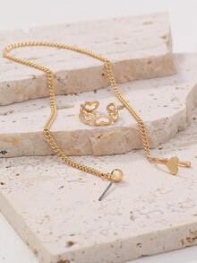 1pc Heart Decor Stud Earring & 1pc Ear Cuff - Yellow Gold - View 2