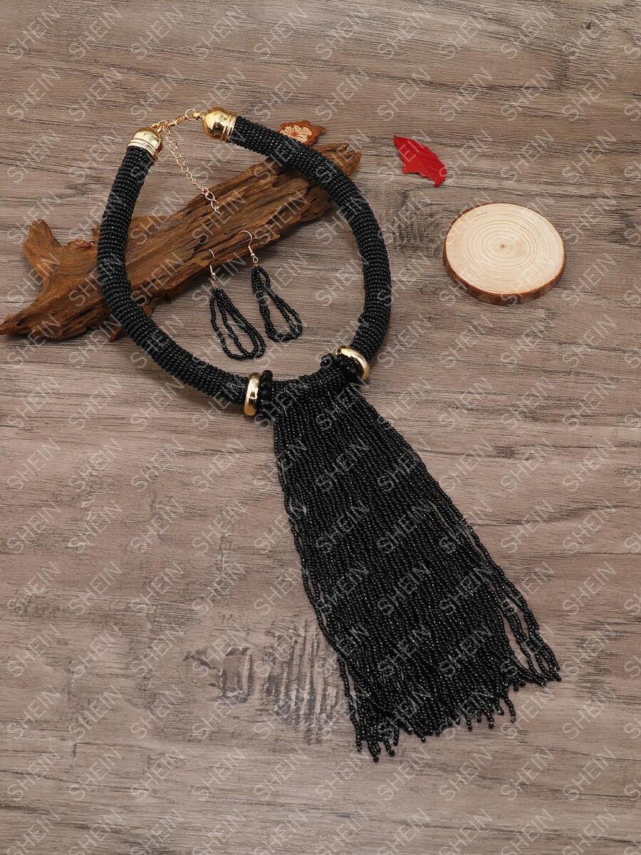 Bead Tassel Decor Necklace & Drop Earrings - Black - View 1