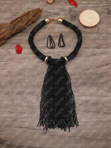 Bead Tassel Decor Necklace & Drop Earrings - Black - View 3