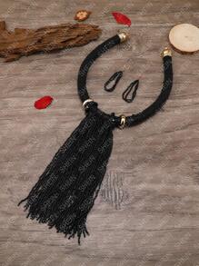 Bead Tassel Decor Necklace & Drop Earrings - Black - View 5