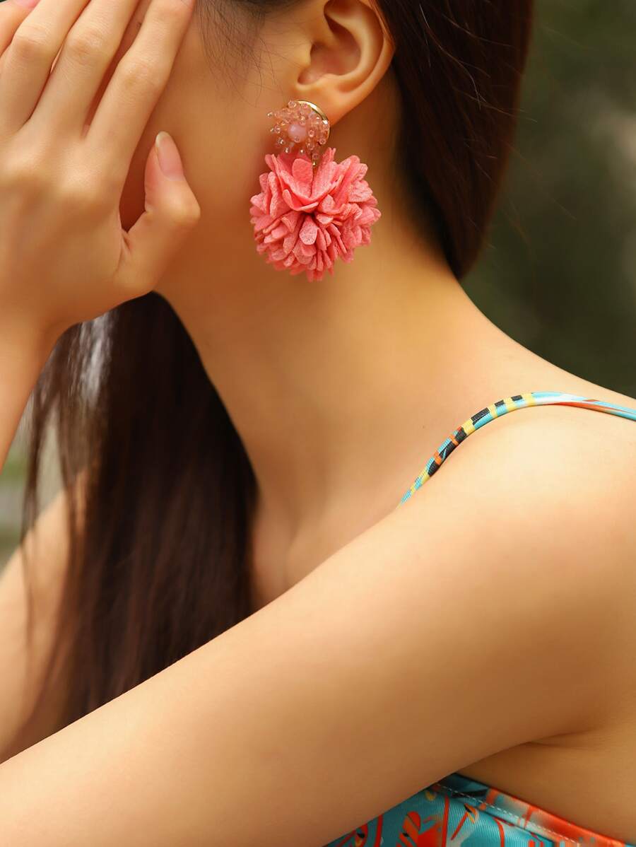 2 piezas Pendientes largos flor - Rosa - Ver 1