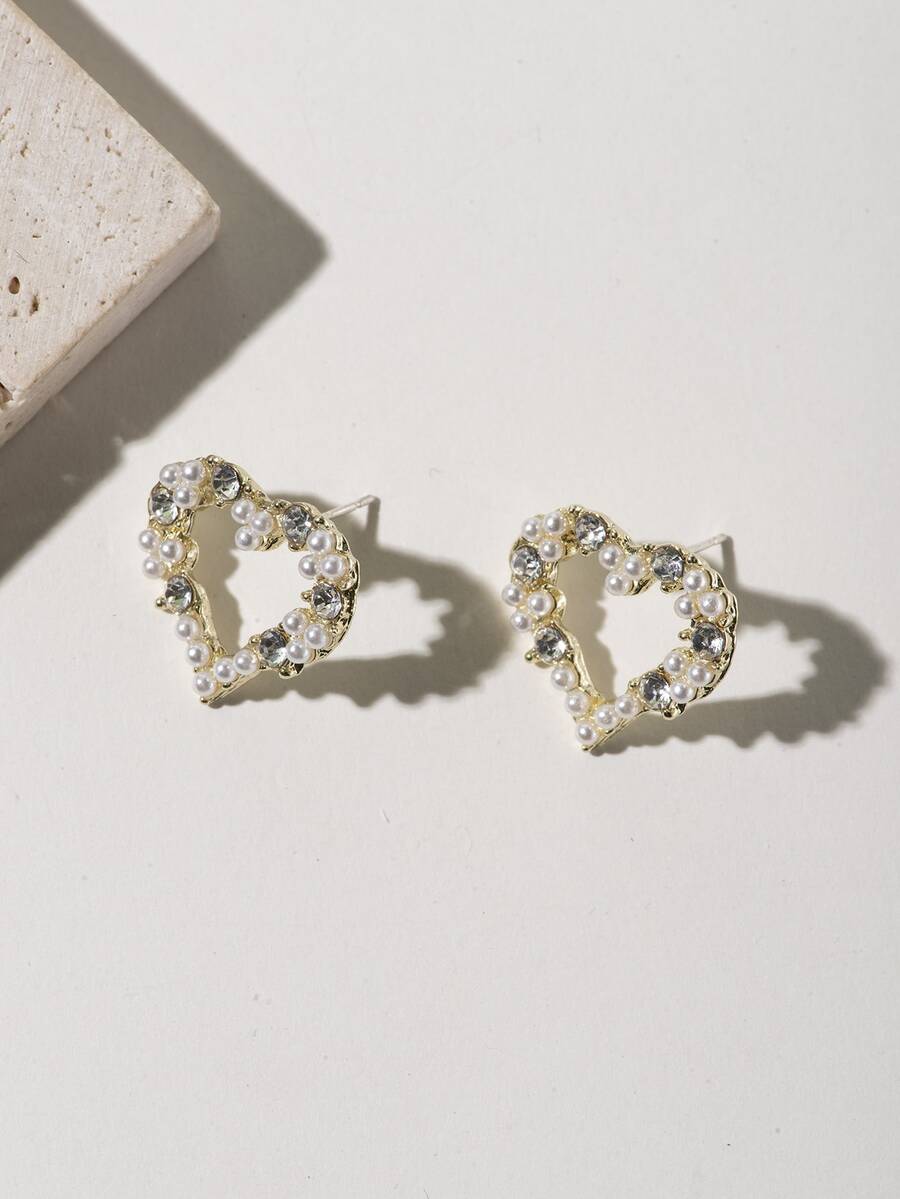 Rhinestone Heart Stud Earrings - Multicolor - View 1