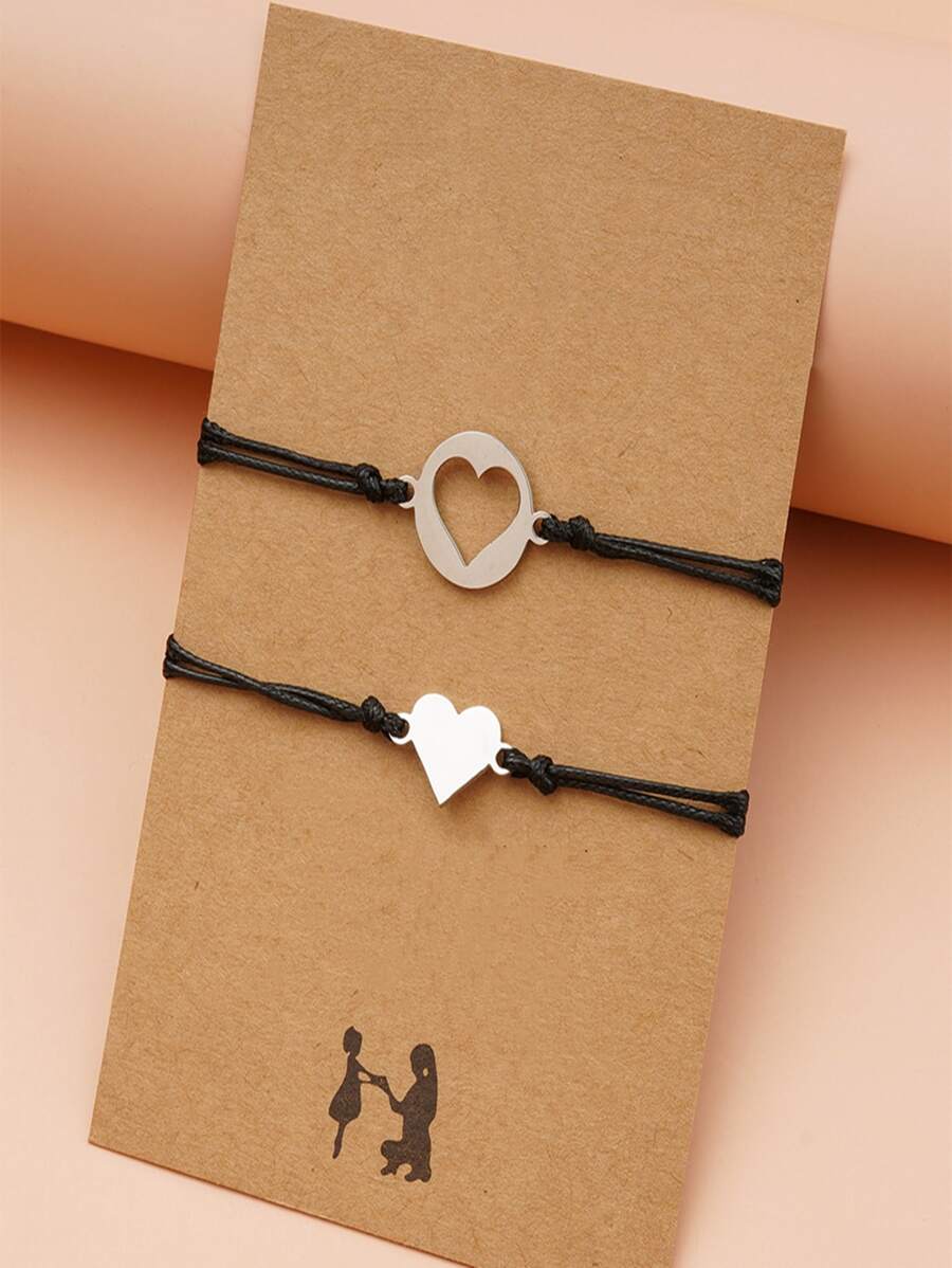 2pcs/set Heart Decor Bracelet - Black - View 1