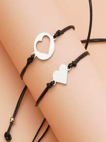 2pcs/set Heart Decor Bracelet - Black - View 2