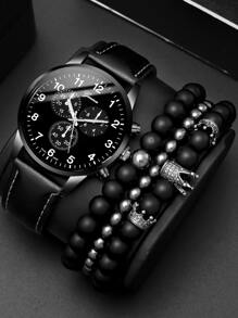 1入組男士圓形指針石英手錶和3入組手環 - 黑色 - 查看 1