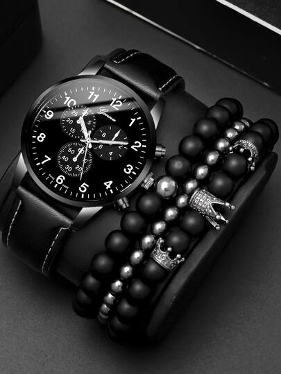 1入組男士圓形指針石英手錶和3入組手環