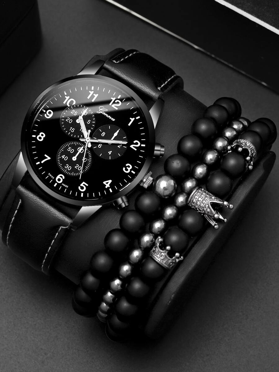 1入組男士圓形指針石英手錶和3入組手環 - 黑色 - 查看 1