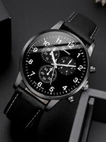 1入組男士圓形指針石英手錶和3入組手環 - 黑色 - 查看 2