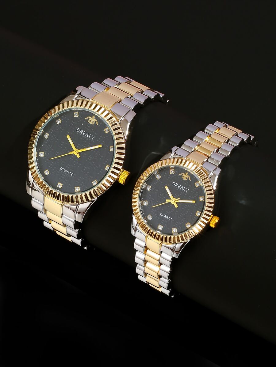 2入組情侶水鑽裝飾石英表 - 金色 - 查看 1