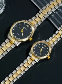 2入組情侶水鑽裝飾石英表 - 金色 - 查看 3