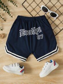 SHEIN Toddler Boys Letter Graphic Contrast Trim Shorts - Navy Blue - View 1