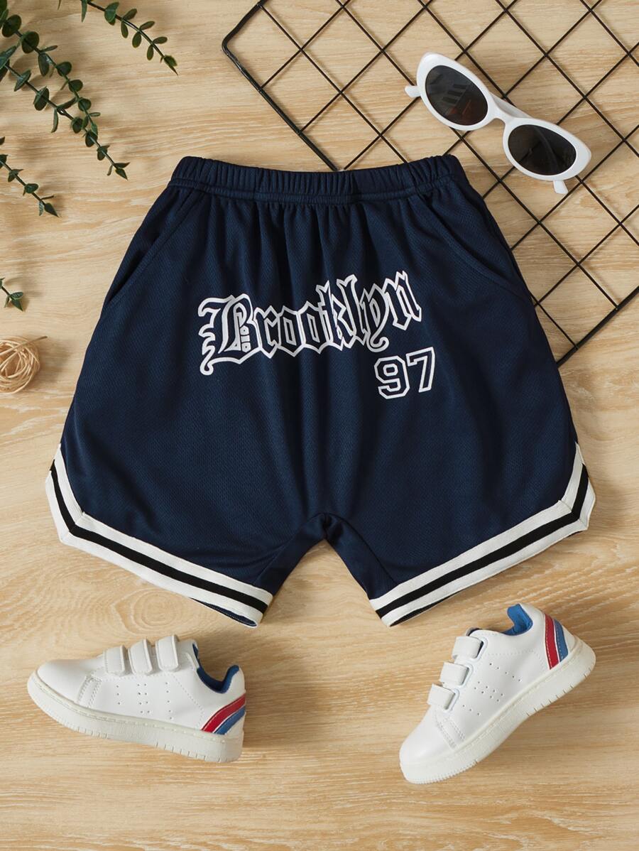 SHEIN Toddler Boys Letter Graphic Contrast Trim Shorts - Navy Blue - View 1