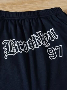 SHEIN Toddler Boys Letter Graphic Contrast Trim Shorts - Navy Blue - View 3