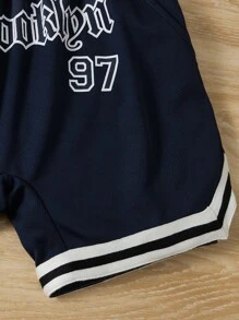 SHEIN Toddler Boys Letter Graphic Contrast Trim Shorts - Navy Blue - View 4