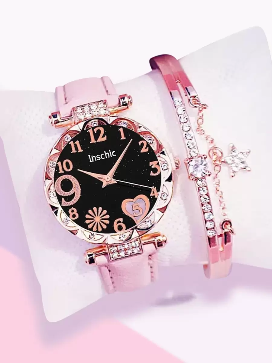 inschic inschic 1pc Rhinestone Decor Quartz Watch & 1pc Bracelet
