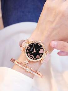 inschic inschic 1pc Rhinestone Decor Quartz Watch & 1pc Bracelet