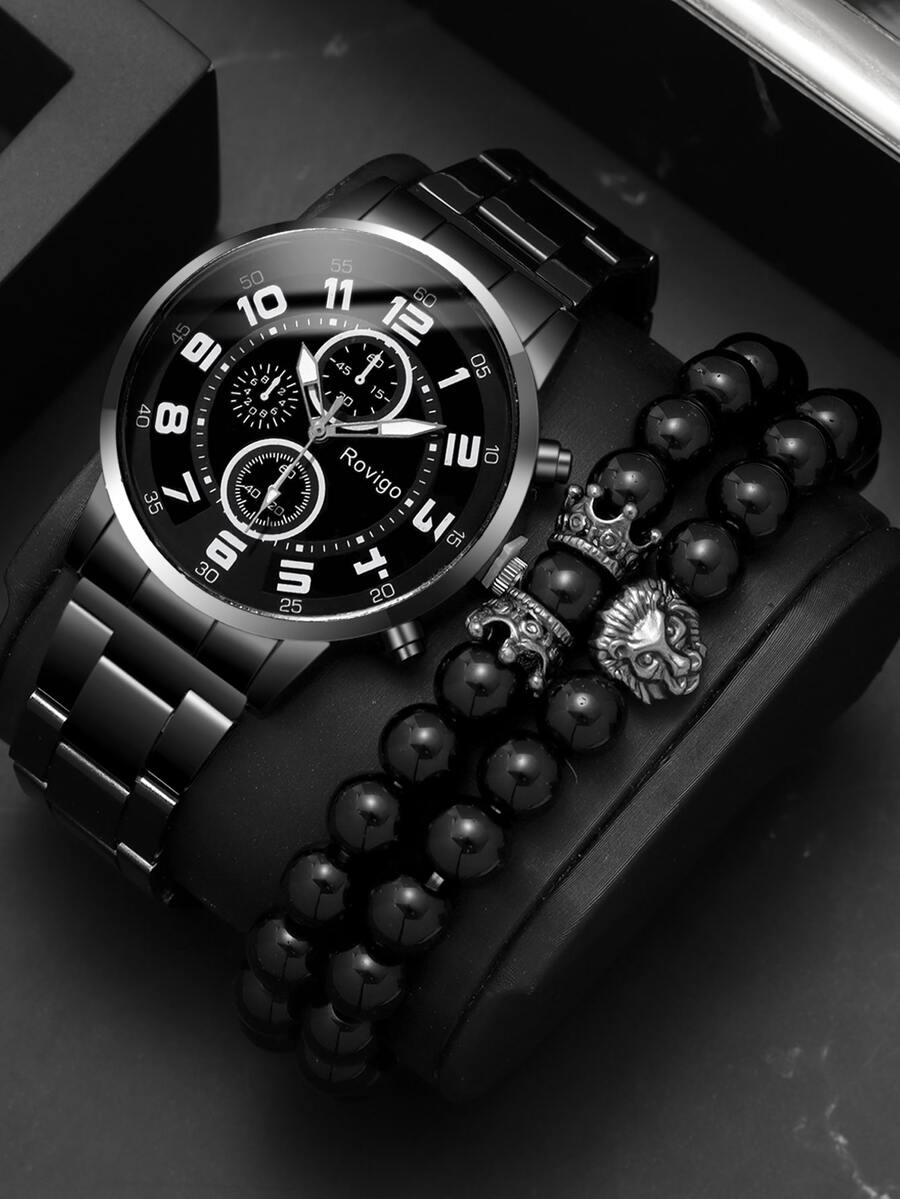 Rovigo 1入組男士圓形指針石英手錶和2入組手環 - 黑色 - 查看 1