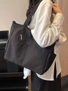 Túi mua sắm màu đen tối giản dành cho phụ nữ Túi đi học dành cho sinh viên mới tốt nghiệp, cô gái tuổi teen, sinh viên năm nhất, sinh viên năm hai, trung học cơ sở và trung học phổ thông, đại học và trung học phổ thông, hoàn hảo cho hoạt động ngoài trời, du lịch và quay lại trường học - màu đen - Xem 2