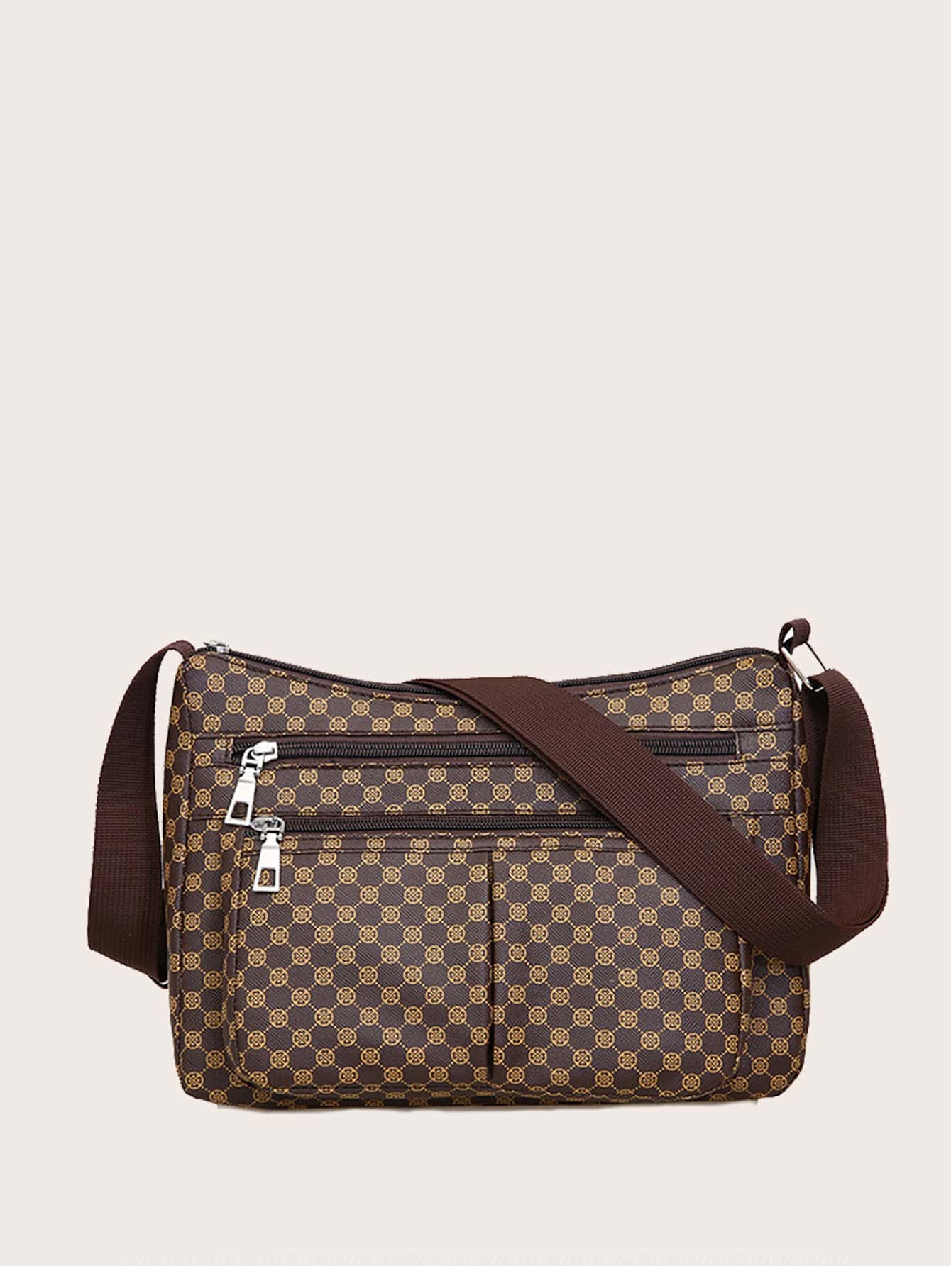 復古流浪包包幾何圖案拉鍊PU適合日常生活 - 咖啡棕 - 查看 1