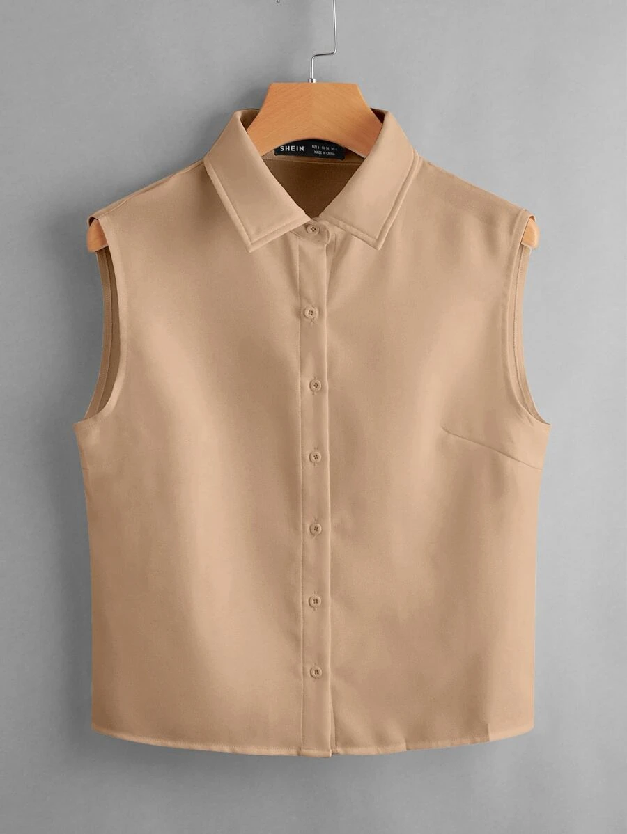 SHEIN LUNE 素色前紐扣無袖襯衫