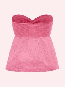 Soleia Áo nữ Cắt ra Viên lá sen xoắn lại Tranh thêu màu trơn Boho - Hồng - Xem 2