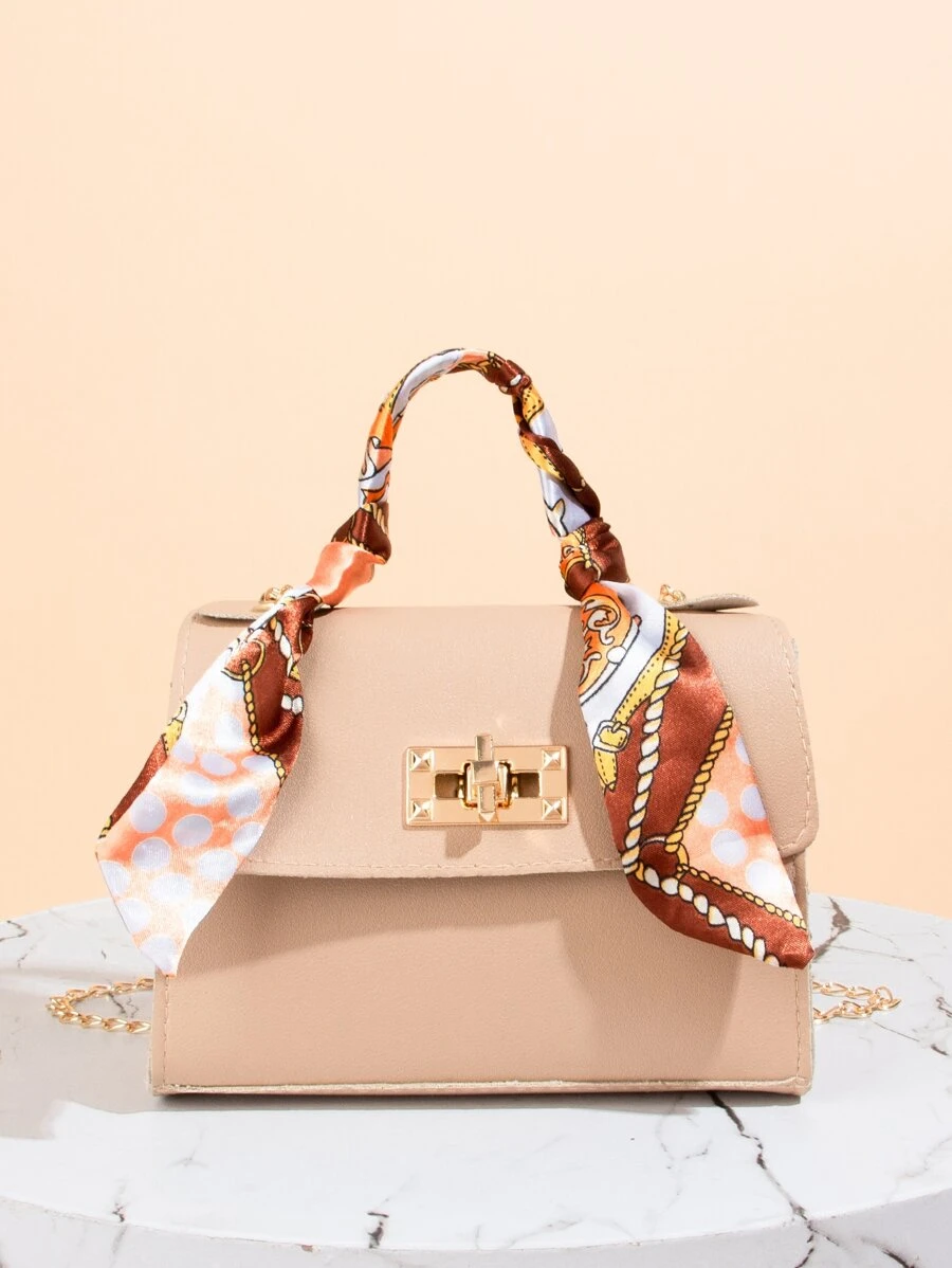 Mini Square Bag Random Pattern Skinny Scarf Decor PU Flap For Daily Life - Khaki - View 1