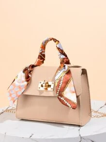 Mini Square Bag Random Pattern Skinny Scarf Decor PU Flap For Daily Life - Khaki - View 2