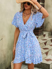 SHEIN VCAY Ditsy Floral Print Butterfly Sleeve Ruffle Trim Wrap Hem Belted Dress - Blue - View 5