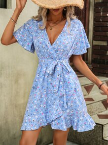 SHEIN VCAY Ditsy Floral Print Butterfly Sleeve Ruffle Trim Wrap Hem Belted Dress - Blue - View 6