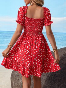 SHEIN WYWH 碎花一字肩荷葉邊連衣裙 - 紅色 - 查看 2