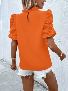 SHEIN LUNE Solid Puff Sleeve Mock Neck Blouse - Orange - View 2