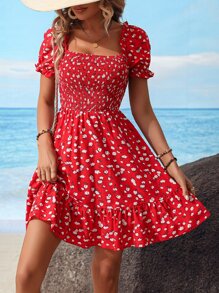 SHEIN WYWH 碎花一字肩荷葉邊連衣裙 - 紅色 - 查看 3