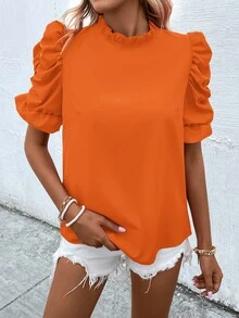 SHEIN LUNE Solid Puff Sleeve Mock Neck Blouse - Orange - View 3