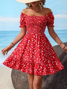 SHEIN WYWH 碎花一字肩荷葉邊連衣裙 - 紅色 - 查看 5