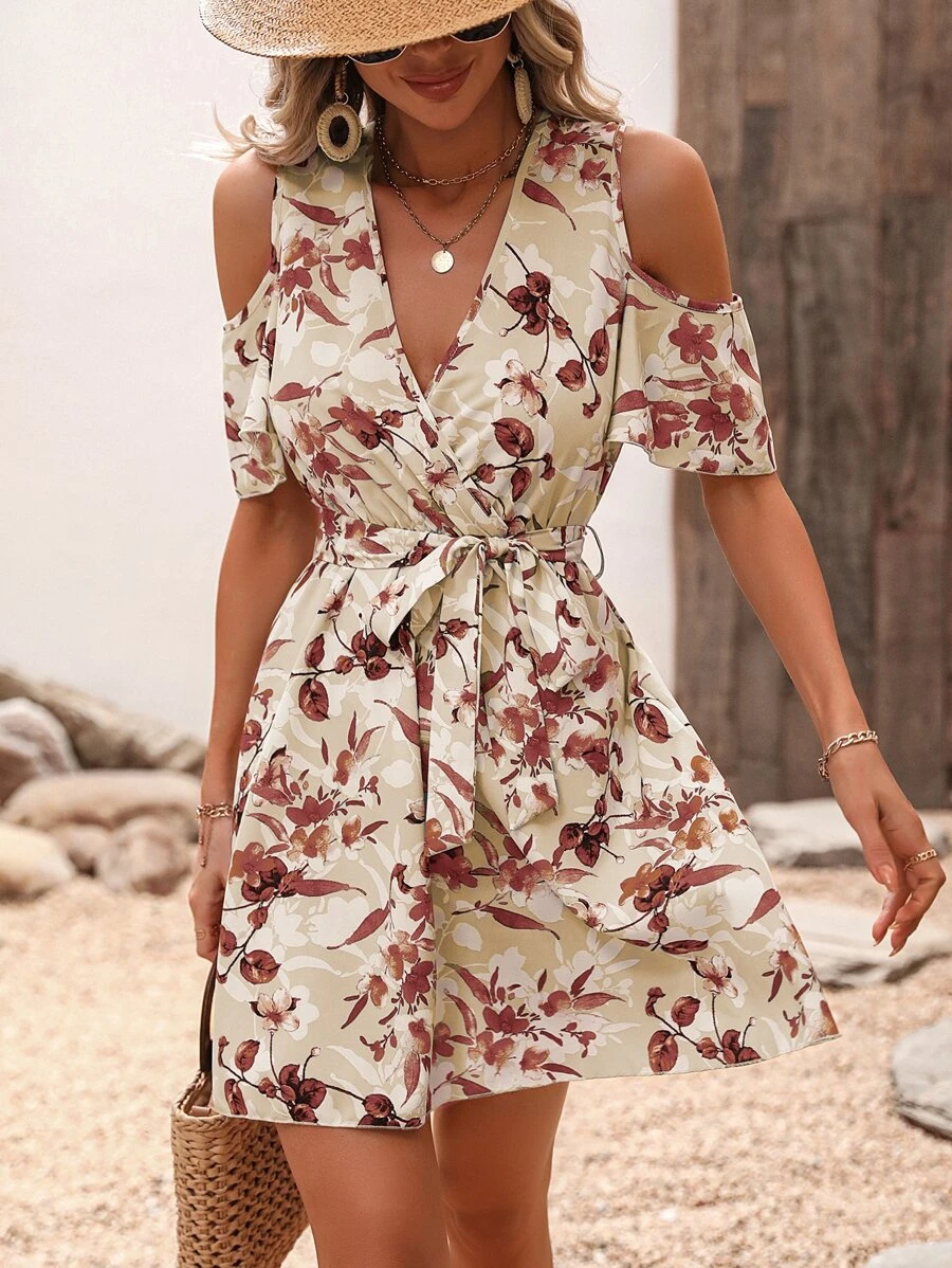 SHEIN VCAY Đầm Cắt ra Trọn gói Thắt lưng Hoa Tất cả trên in Boho - Màu be - Xem 1