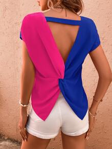 SHEIN LUNE Two Tone Twist Back Cut Out Batwing Sleeve Blouse - Multicolor - View 1