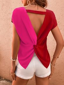 SHEIN VCAY Two Tone Twist Back Cut Out Batwing Sleeve Blouse - Burgundy - View 1