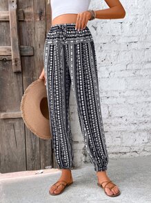 Breezaya Pantalones con estampado geométrico de cintura con cordón - Blanco y Negro - Ver 1