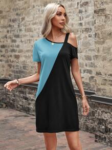 EMERY ROSE Two Tone Asymmetrical Neck Tee Dress - Multicolor - View 3