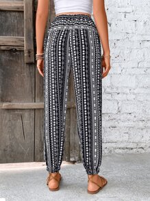 Breezaya Pantalones con estampado geométrico de cintura con cordón - Blanco y Negro - Ver 2