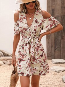 SHEIN VCAY Đầm Cắt ra Trọn gói Thắt lưng Hoa Tất cả trên in Boho - Màu be - Xem 6