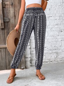 Breezaya Pantalones con estampado geométrico de cintura con cordón - Blanco y Negro - Ver 3
