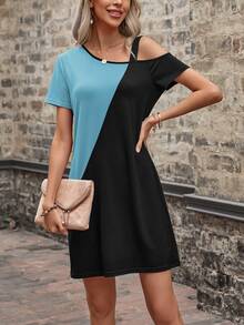 EMERY ROSE Two Tone Asymmetrical Neck Tee Dress - Multicolor - View 6