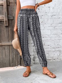 Breezaya Pantalones con estampado geométrico de cintura con cordón - Blanco y Negro - Ver 4