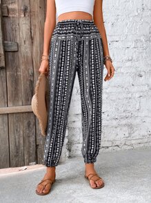Breezaya Pantalones con estampado geométrico de cintura con cordón - Blanco y Negro - Ver 5