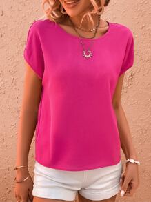 SHEIN VCAY Two Tone Twist Back Cut Out Batwing Sleeve Blouse - Pink - View 6