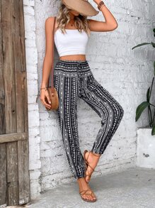 Breezaya Pantalones con estampado geométrico de cintura con cordón - Blanco y Negro - Ver 6
