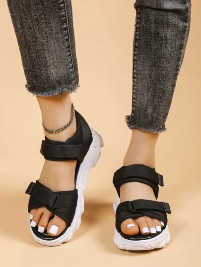 Women Minimalist Hook-and-loop Fastener Sport Sandals, Sporty Black Sport Sandals