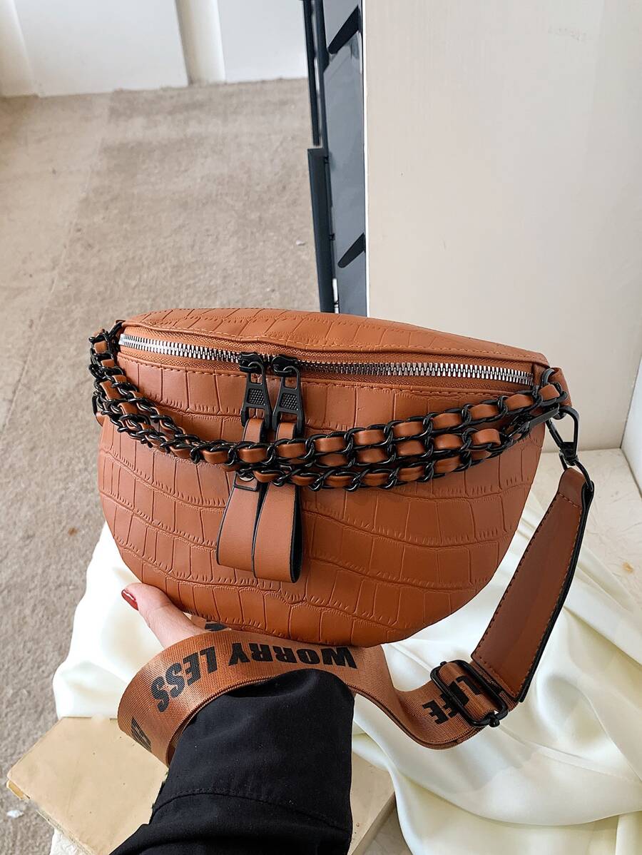 迷你時尚紋理純色購物度假斜挎馬鞍袋，帶有字母印花，鏈條和寬帶