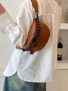 迷你時尚紋理純色購物度假斜挎馬鞍袋，帶有字母印花，鏈條和寬帶